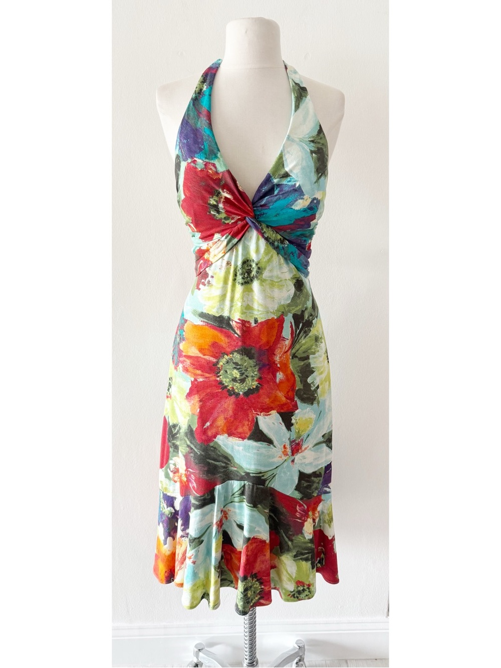 Vintage Cache Y2K Floral Watercolor Print Halter Midi Dress Size 12